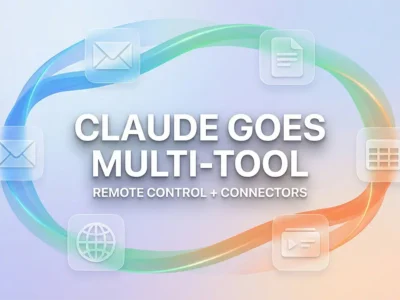 Abstract illustration of connected workflow loop linking email, docs, spreadsheets, slides, and publishing tools, representing Claude Remote Control and connectors.