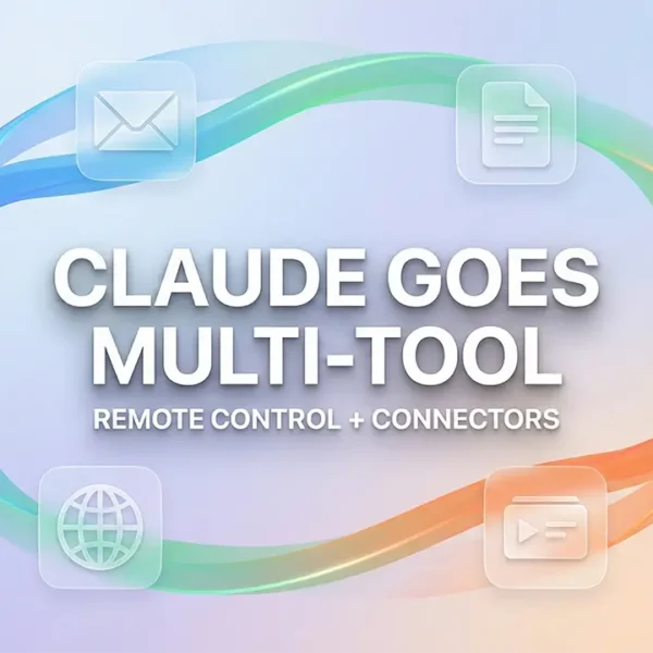 Abstract illustration of connected workflow loop linking email, docs, spreadsheets, slides, and publishing tools, representing Claude Remote Control and connectors.