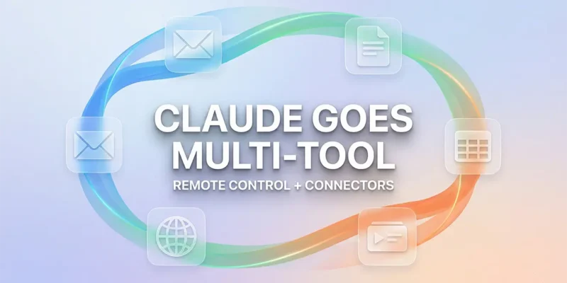 Abstract illustration of connected workflow loop linking email, docs, spreadsheets, slides, and publishing tools, representing Claude Remote Control and connectors.